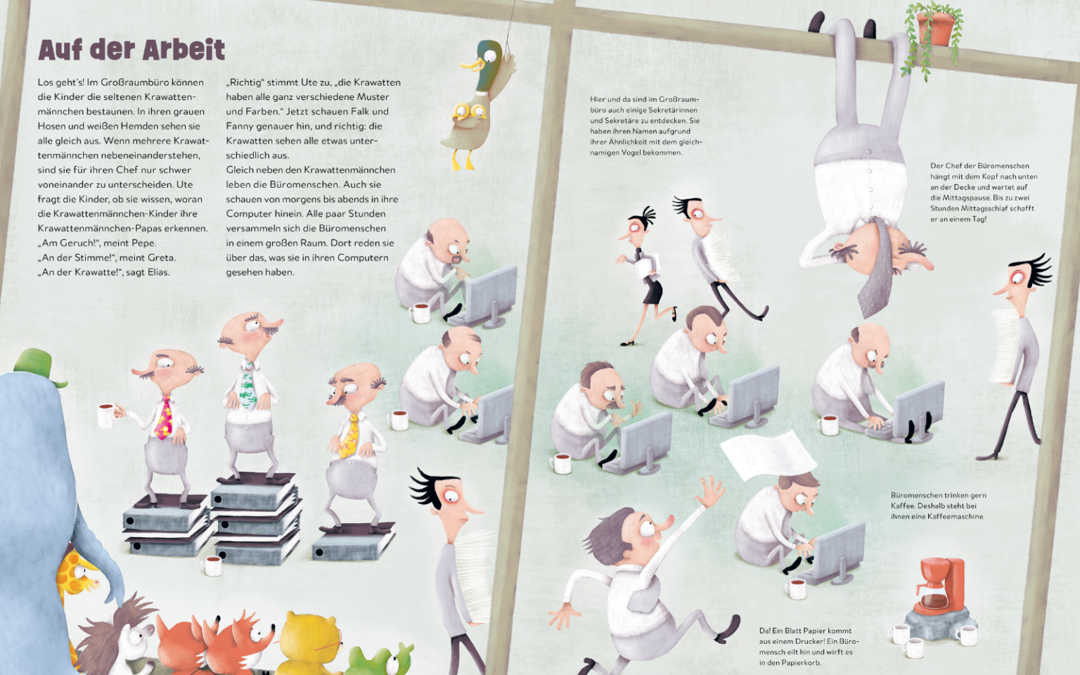 Innenansicht: lustiges Zoo-Bilderbuch ab 4 – Tiere beobachten Büromenschen und Krawattenmännchen